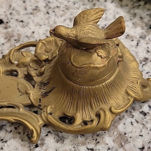 Vintage Italian Inkwell bird art nouveau brass - Picture 10 of 12